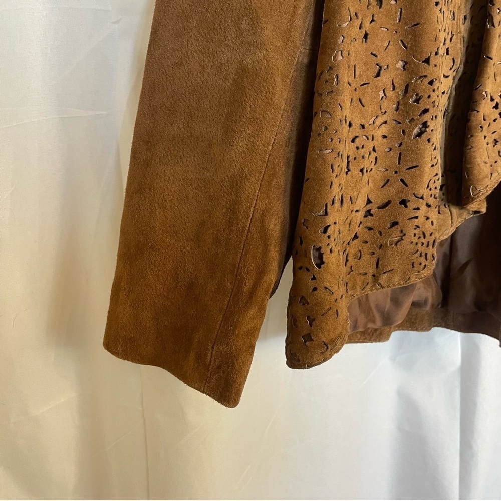 CHI BY FALCHI Women’s Brown Leather Jacket Open Front Cut Out Size Small - Picture 11 of 17